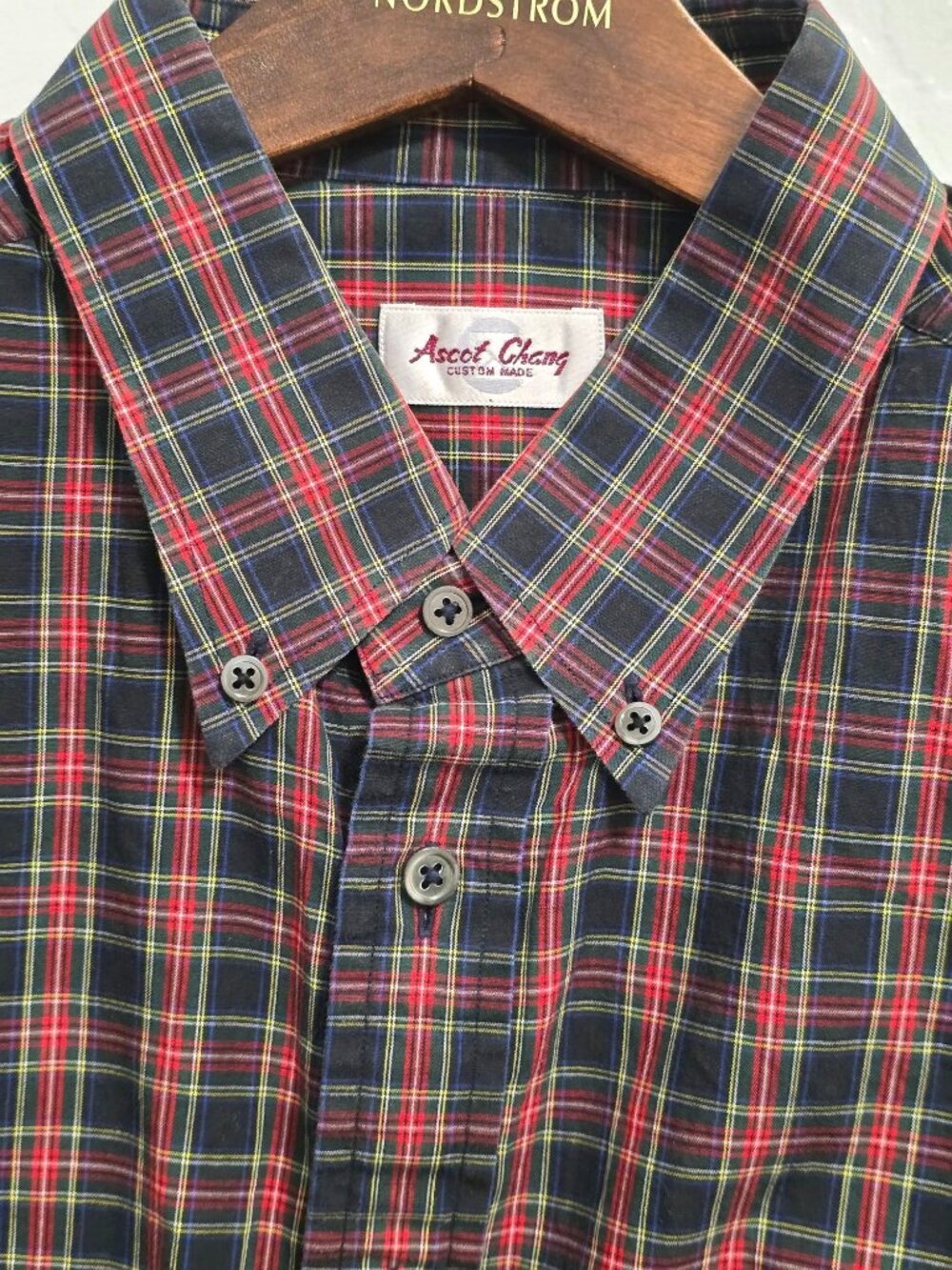 Ascot Chang Custom Made Mens Red & Blue Plaid Button-Up Shirt 100% Cotton Size L